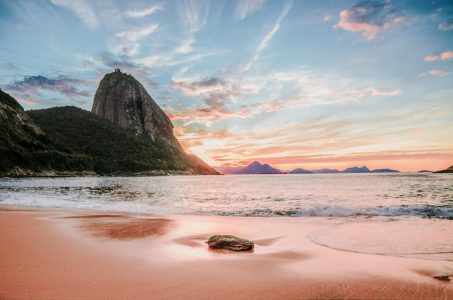 View of Sugarloaf Mountain from beach in Rio